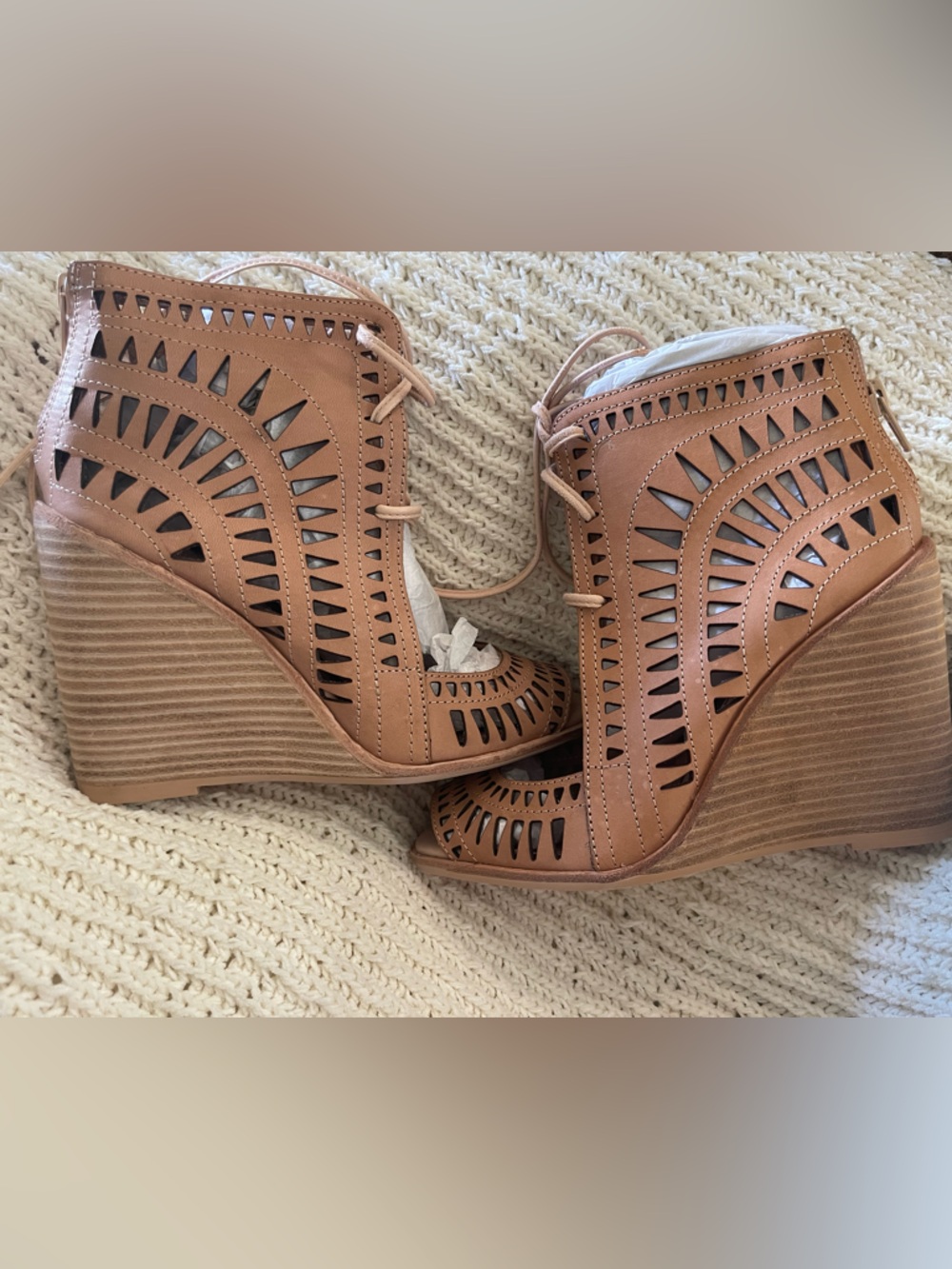 Jeffrey Campbell Tan Laser-Cut Lace-Up Wedge Booties